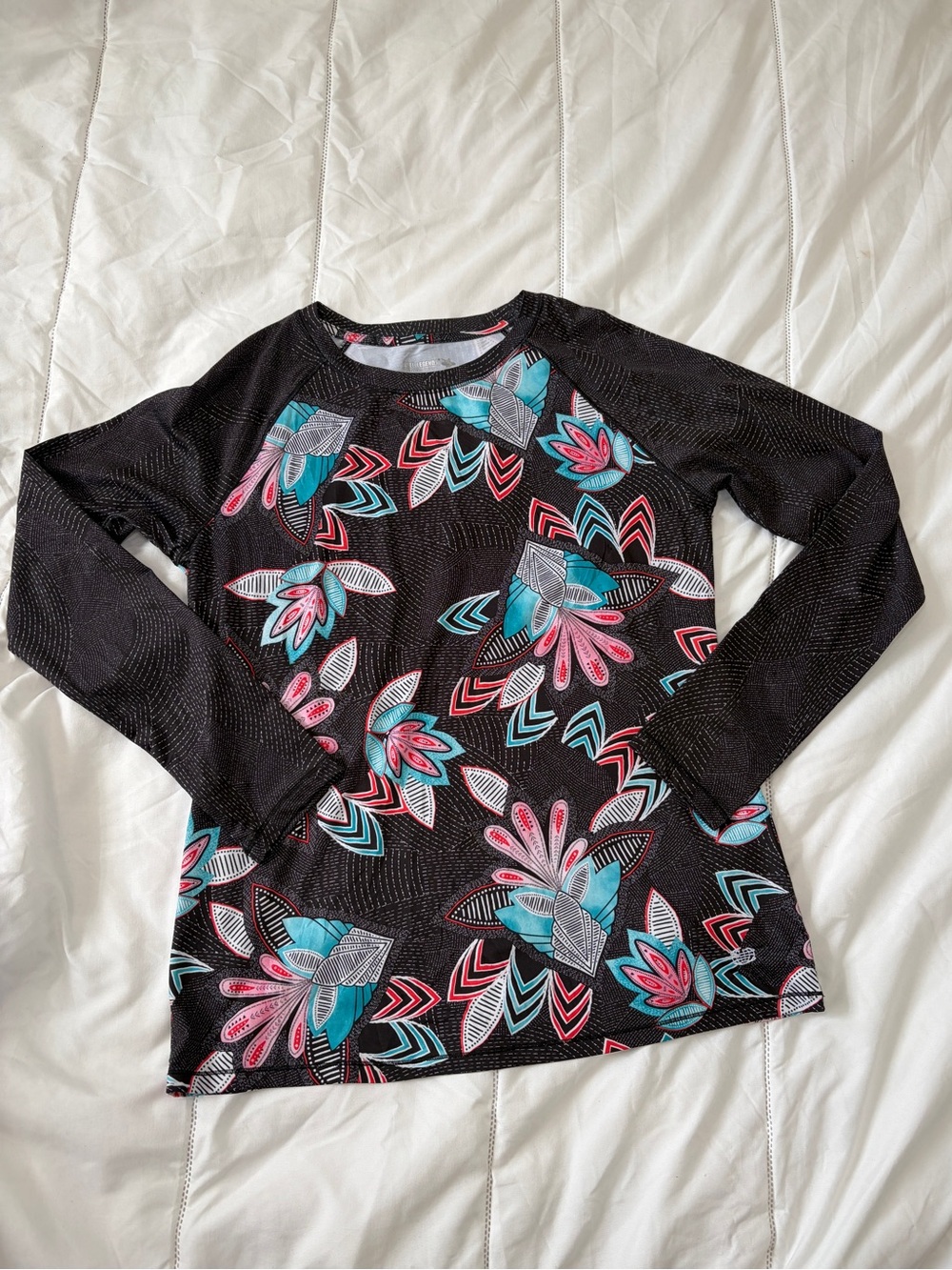 Reel Legends Black Long Sleeve Floral Print Tee with Teal & Pink Accents